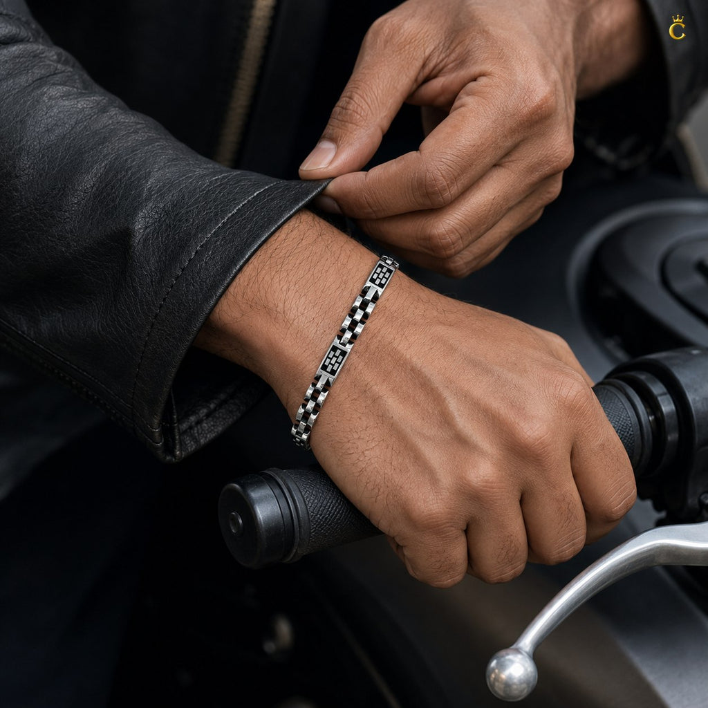 Block Design Oxidised Black Enamel Bracelet