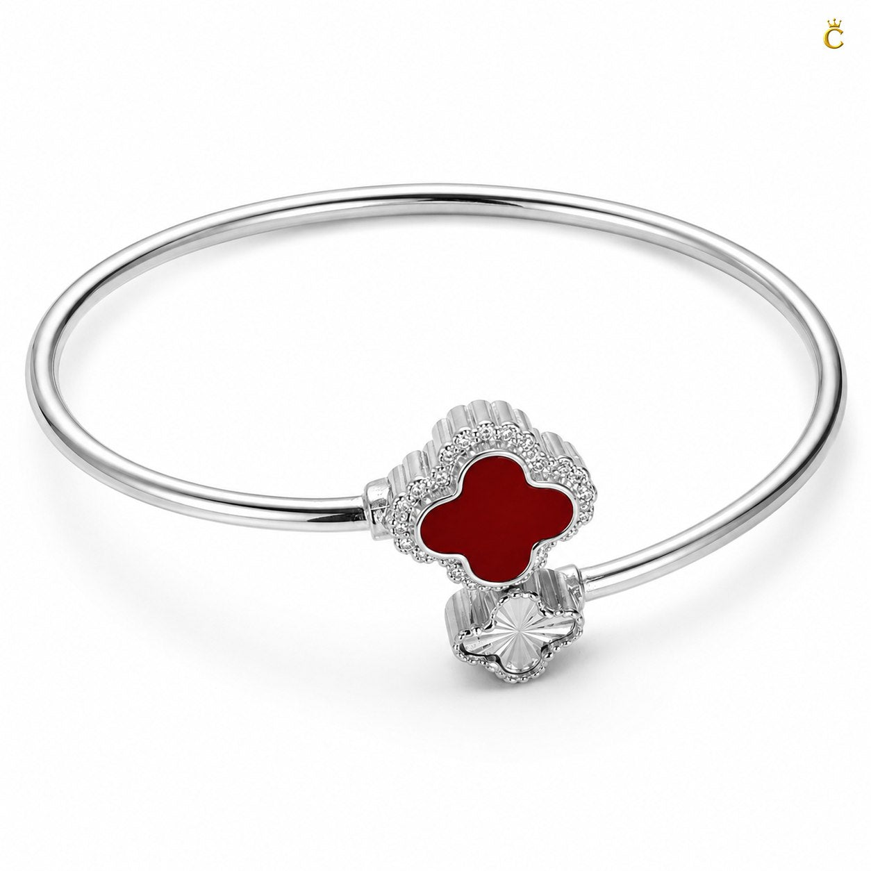 Celestora- Silver Van cliff design Ruby Clover Open cuff/ Kada