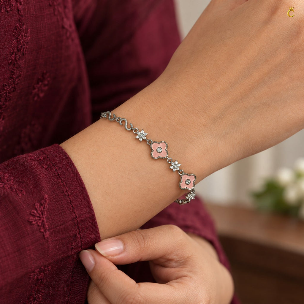 Elegant Silver pink floral adjustable /slider bracelet
