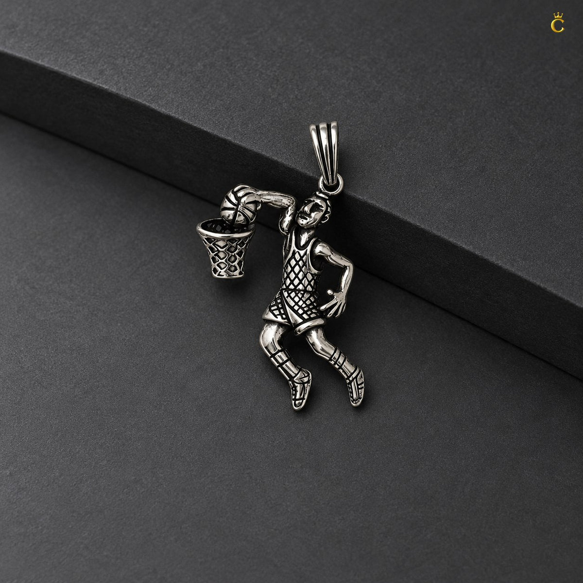 Peimium oxidized silver basket ball champ pendant