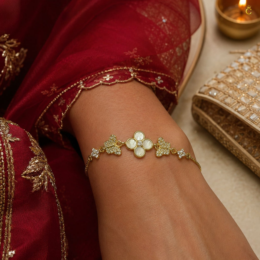 Gold Plated Silver Clover and Butterfly Charm Bracelet