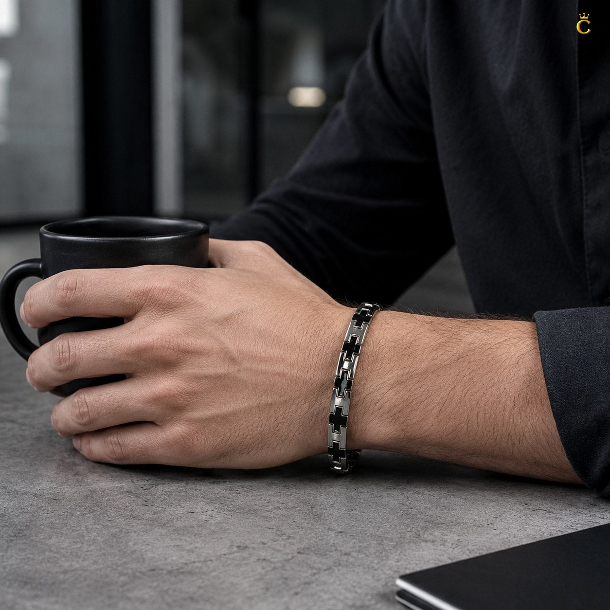 Men's Silver Black Cross Link Bracelet