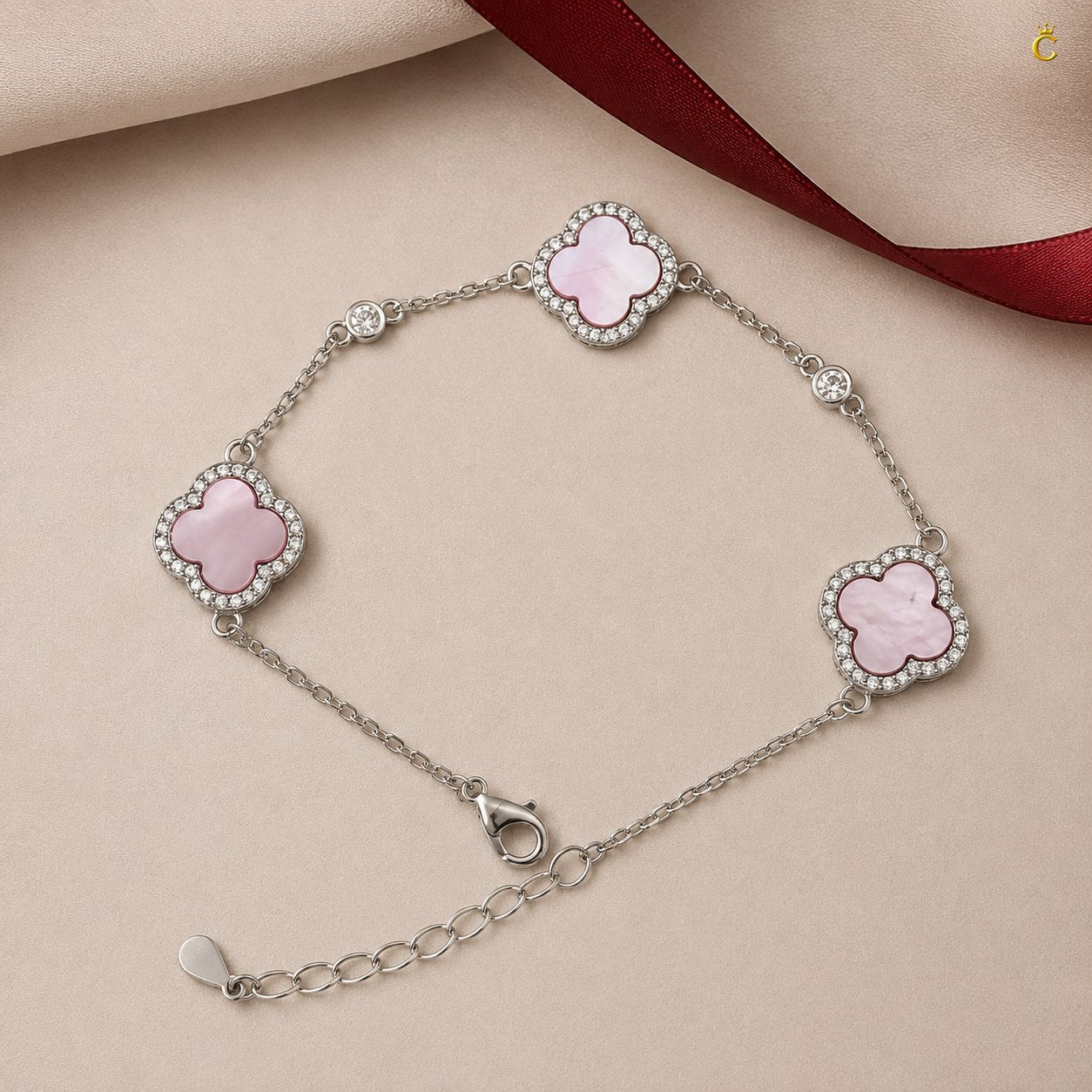 Celestora- Blush Pink three Clovers Zircon studs Van cliff Bracelet