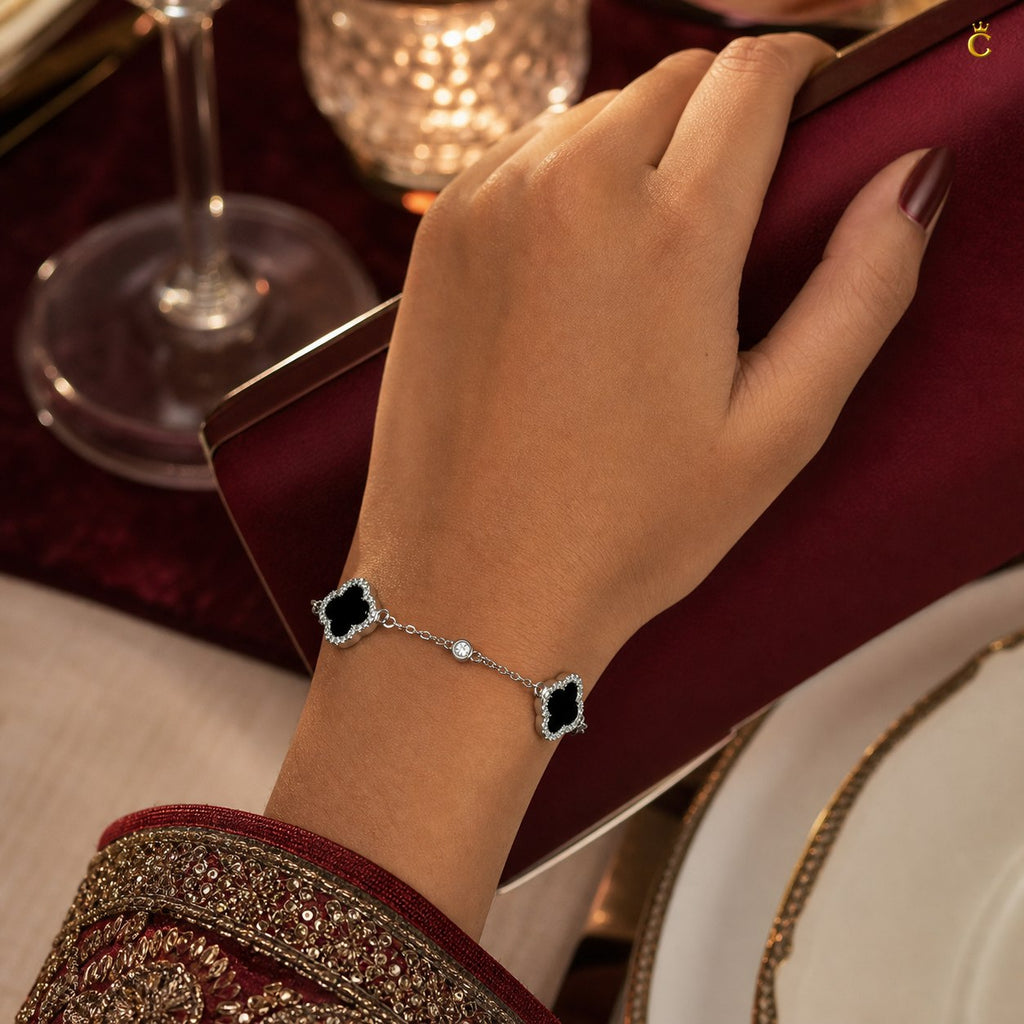 Celestora - Onyx Three Clovers Van Cliff Bracelet