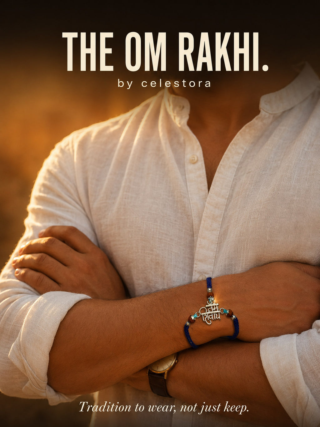 Celestora-Silver "Om Namah Shivaya" Rakhi/ Bracelet with glittering CZ stones, Rudraksha beads, and a blue sacred thread