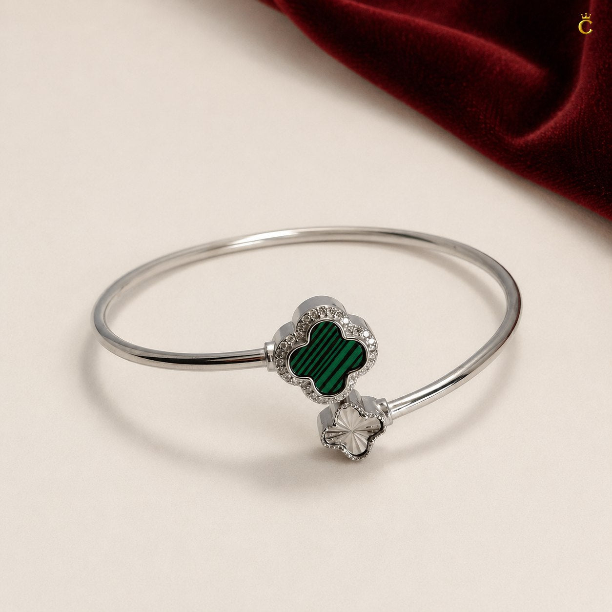 Celestora-Silver Open Cuff /Kada Van-cliff design with a Green & Silver clover motif