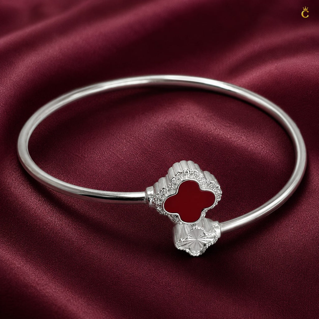 Celestora- Silver Van cliff design Ruby Clover Open cuff/ Kada