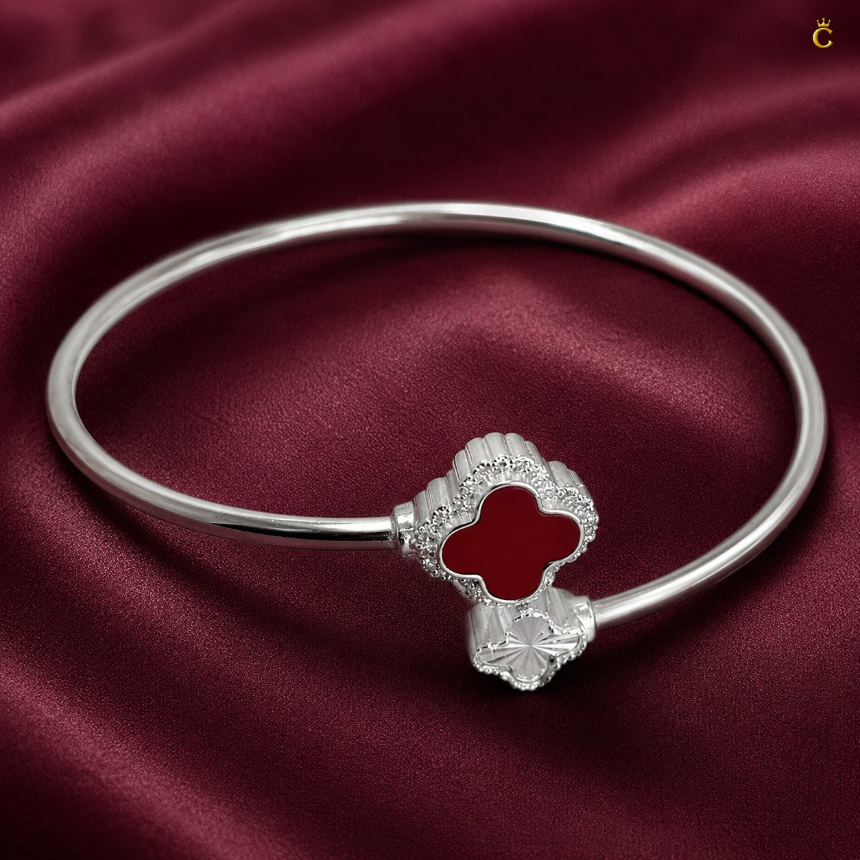 Celestora- Silver Van cliff design Ruby Clover Open cuff/ Kada